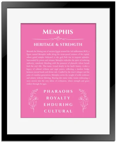 Memphis personalized name meaning print in pink with black matte frame