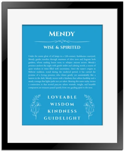 Mendy name meaning gift print in blue with black matte frame
