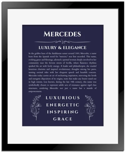 Mercedes personalized name meaning print in navy blue with black matte frame