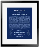 Meredith custom name art showing meaning and origin in deep blue with black matte frame