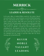 Merrick personalized name print with origin and traits in dark green