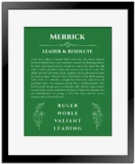 Merrick personalized name print with origin and traits in dark green with black matte frame
