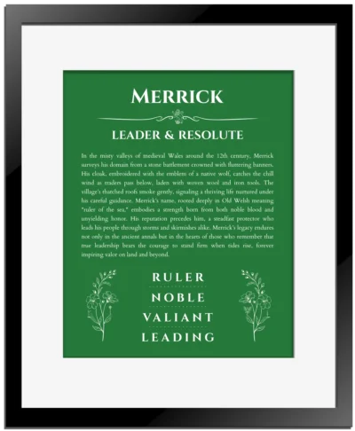 Merrick personalized name print with origin and traits in dark green with black matte frame