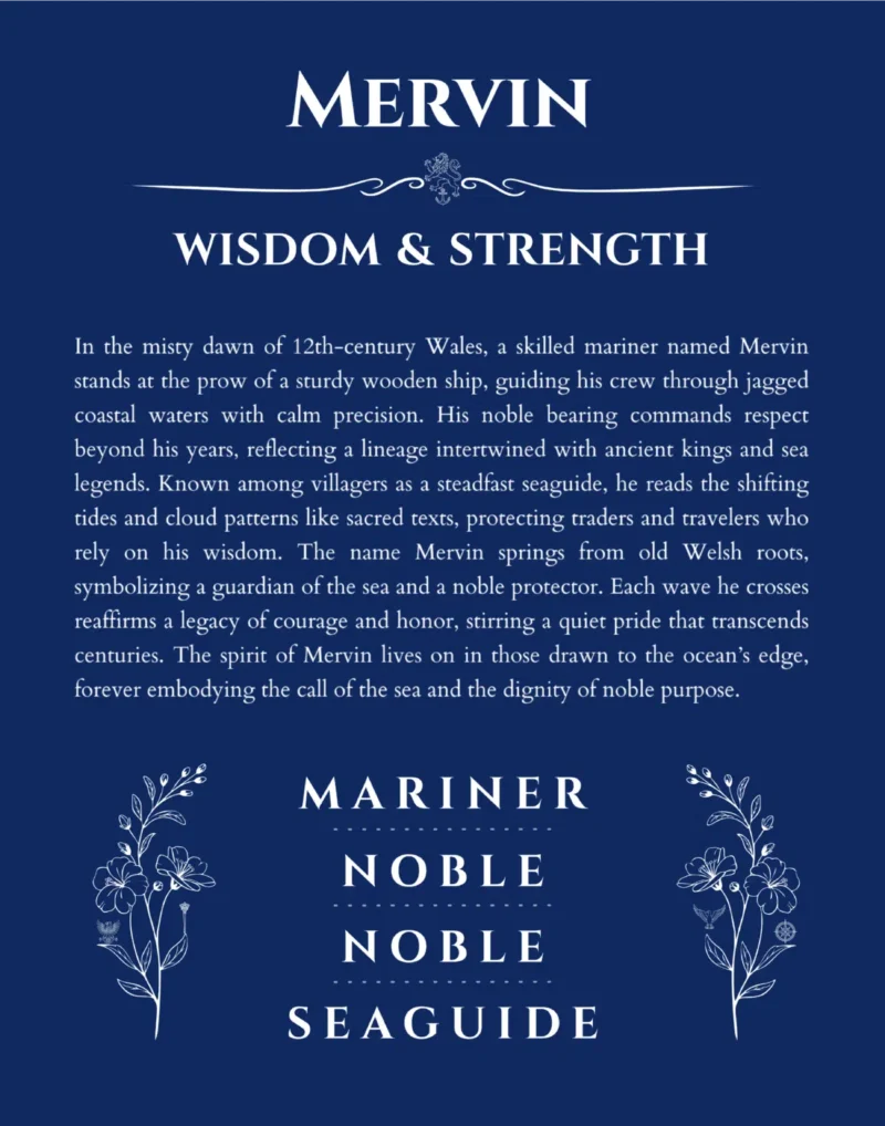 Mervin personalized name art with origin story in deep blue