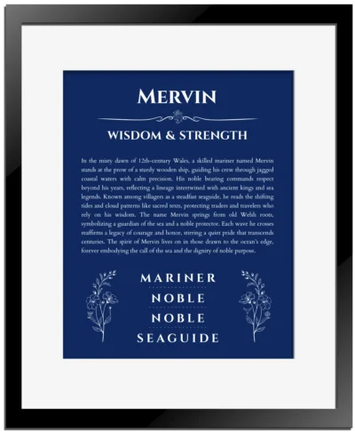 Mervin personalized name art with origin story in deep blue with black matte frame