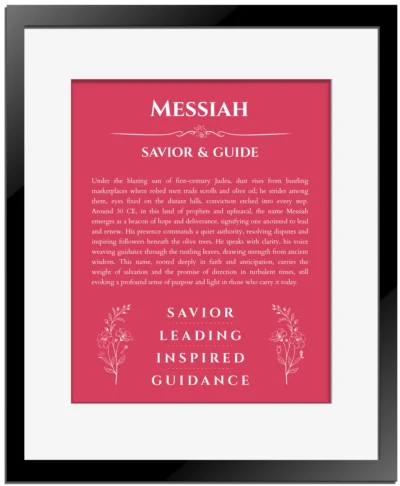 Messiah name origin print with meaning and traits in red with black matte frame