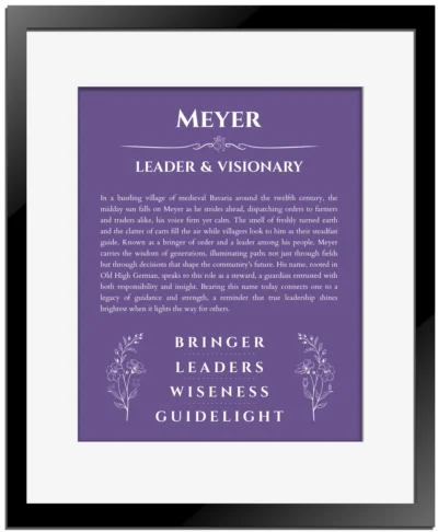 Meyer name meaning gift print in purple with black matte frame