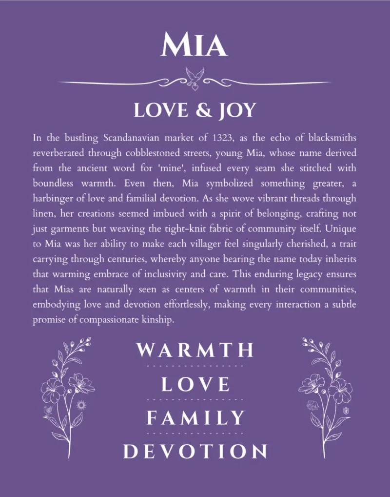 Mia name meaning gift print in purple