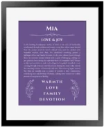 Mia name meaning gift print in purple with black matte frame