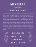 Miabella personalized name art with origin story in purple