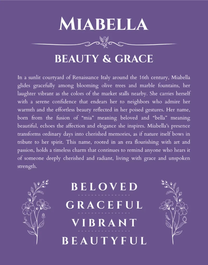Miabella personalized name art with origin story in purple