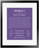 Miabella personalized name art with origin story in purple with black matte frame