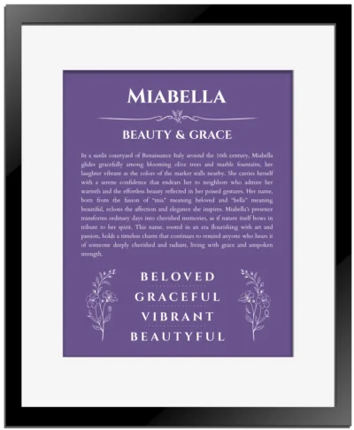 Miabella personalized name art with origin story in purple with black matte frame
