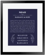 Miah personalized name meaning print in navy blue with black matte frame