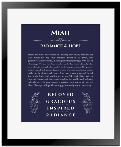 Miah personalized name meaning print in navy blue with black matte frame