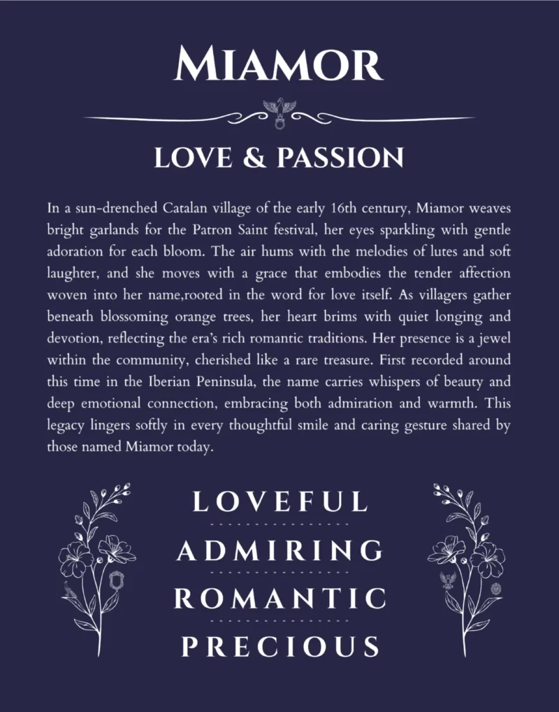 Miamor personalized name print with origin and traits in navy blue