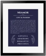 Miamor personalized name print with origin and traits in navy blue with black matte frame