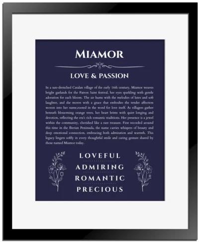 Miamor personalized name print with origin and traits in navy blue with black matte frame