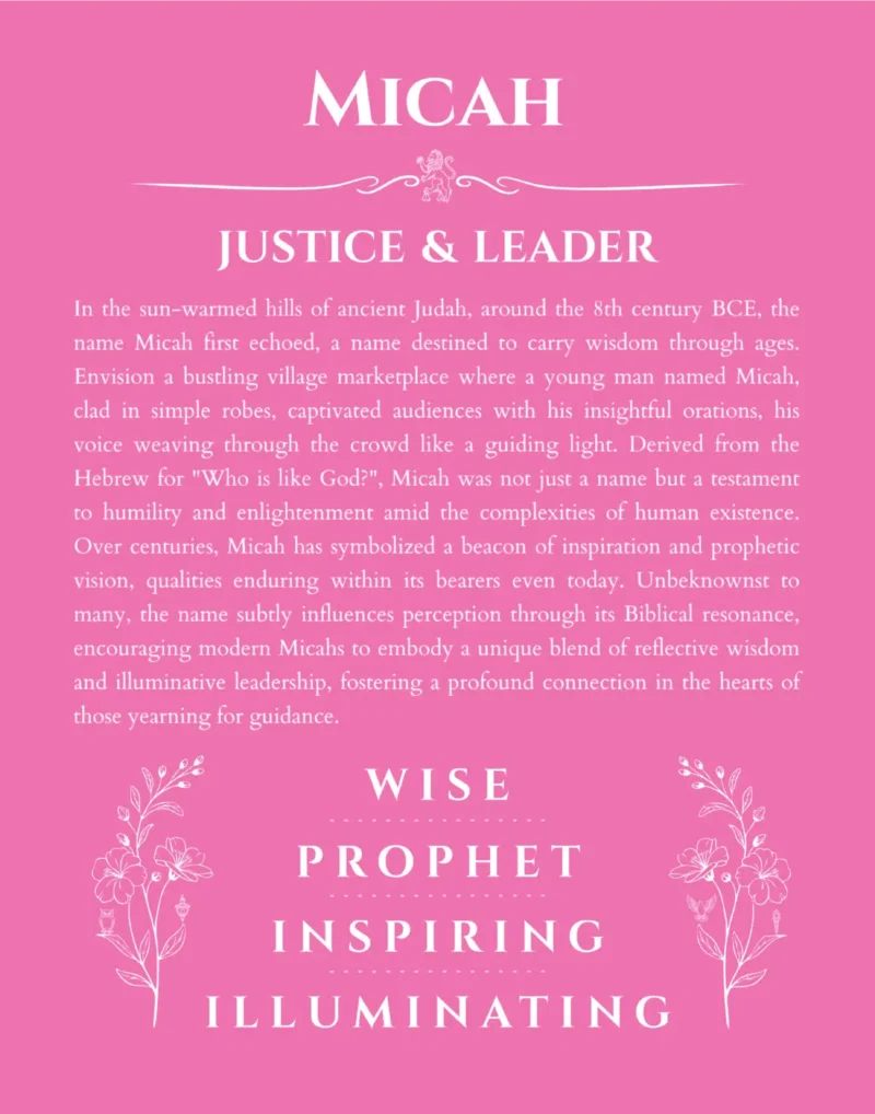 Micah personalized name art with origin story in pink