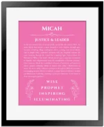 Micah personalized name art with origin story in pink with black matte frame