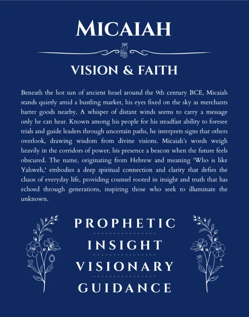 Micaiah name origin print with meaning and traits in deep blue