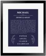 Michael name origin print with meaning and traits in navy blue with black matte frame