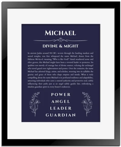 Michael name origin print with meaning and traits in navy blue with black matte frame