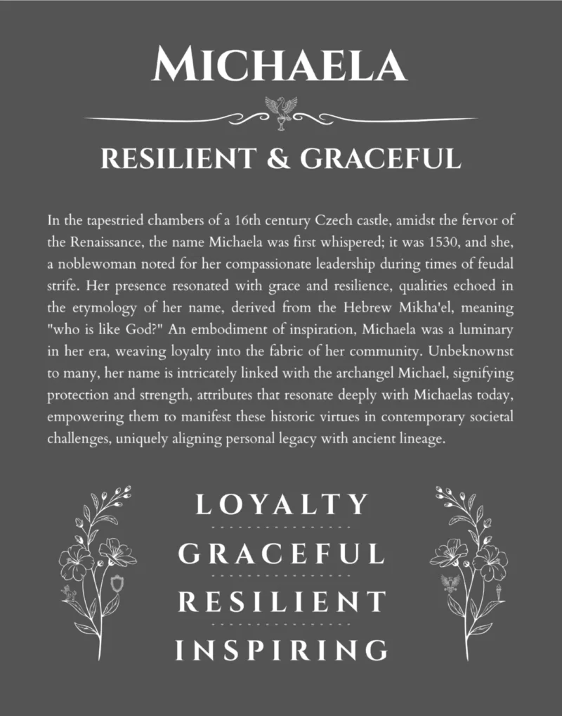 Michaela personalized name art with origin story in gray