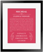 Micheal custom name art showing meaning and origin in red with black matte frame