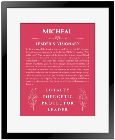 Micheal custom name art showing meaning and origin in red with black matte frame