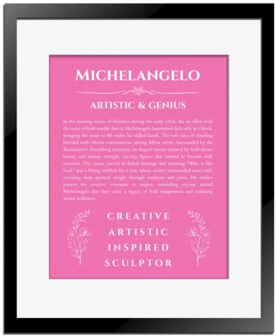 Michelangelo custom name meaning print in pink with black matte frame