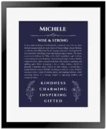 Michele custom name print for wall display in navy blue with black matte frame