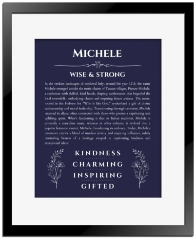 Michele custom name print for wall display in navy blue with black matte frame