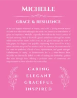 Michelle name origin print with meaning and traits in pink