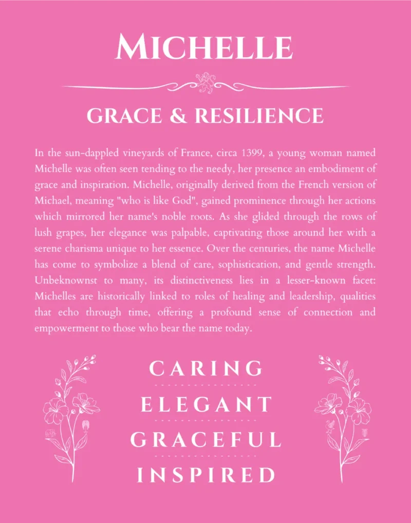 Michelle name origin print with meaning and traits in pink