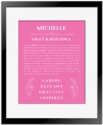 Michelle name origin print with meaning and traits in pink with black matte frame