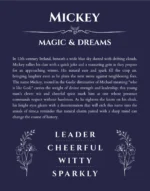 Mickey custom name art showing meaning and origin in navy blue