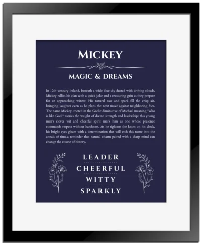 Mickey custom name art showing meaning and origin in navy blue with black matte frame