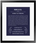 Miguel personalized name print with origin and traits in navy blue with black matte frame