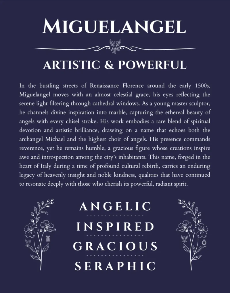 Miguelangel personalized name print with origin and traits in navy blue