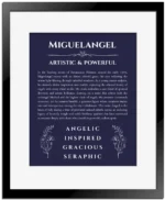 Miguelangel personalized name print with origin and traits in navy blue with black matte frame