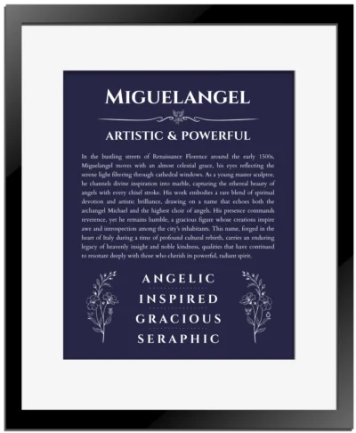 Miguelangel personalized name print with origin and traits in navy blue with black matte frame