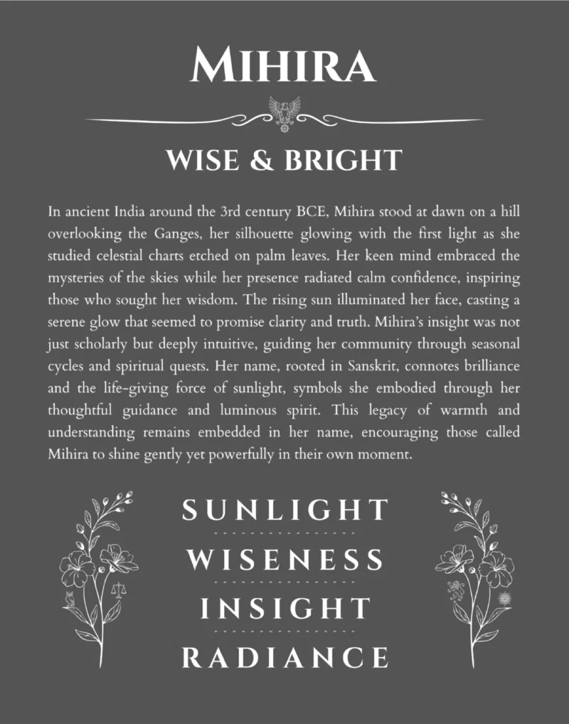 Mihira name origin print with meaning and traits in gray