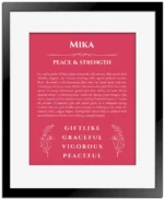 Mika personalized name meaning print in red with black matte frame