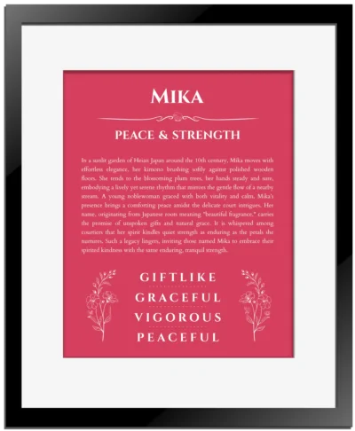 Mika personalized name meaning print in red with black matte frame