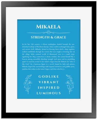 Mikaela custom name meaning print in blue with black matte frame