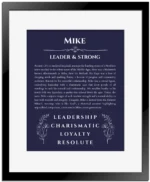 Mike custom name art showing meaning and origin in navy blue with black matte frame