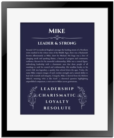 Mike custom name art showing meaning and origin in navy blue with black matte frame