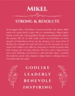 Mikel custom name art showing meaning and origin in red