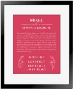 Mikel custom name art showing meaning and origin in red with black matte frame